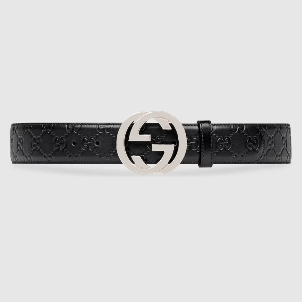 Gucci Black and Silver Leather Belt with Iconic GG Buckle